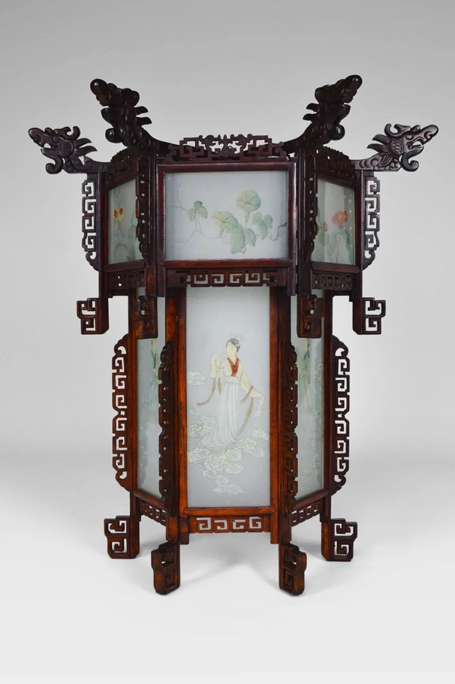 New Pamono Large Antique Asian Carved Wood Lantern with Dragons & Painted Glass Panels, 1900s