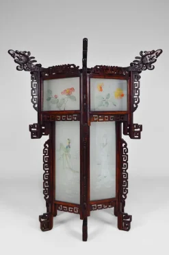 New Pamono Large Antique Asian Carved Wood Lantern with Dragons & Painted Glass Panels, 1900s