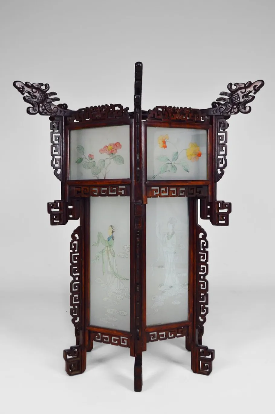 New Pamono Large Antique Asian Carved Wood Lantern with Dragons & Painted Glass Panels, 1900s