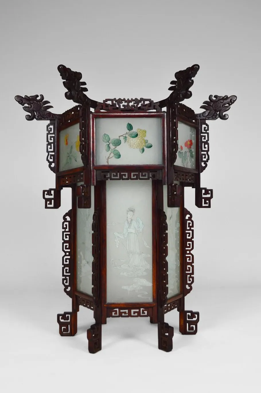 New Pamono Large Antique Asian Carved Wood Lantern with Dragons & Painted Glass Panels, 1900s