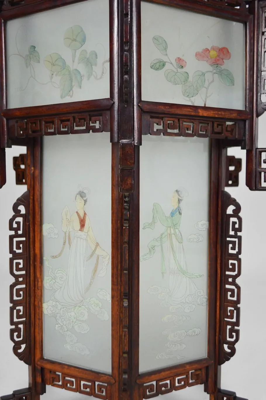 New Pamono Large Antique Asian Carved Wood Lantern with Dragons & Painted Glass Panels, 1900s
