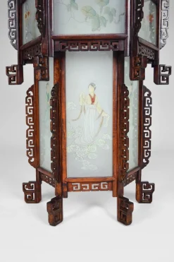 New Pamono Large Antique Asian Carved Wood Lantern with Dragons & Painted Glass Panels, 1900s