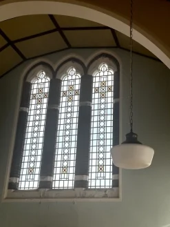 Discount Pamono Large Antique English Opaline Milk Glass and Brass Church Pendant, 1890s