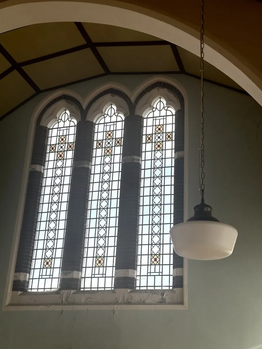 Discount Pamono Large Antique English Opaline Milk Glass and Brass Church Pendant, 1890s