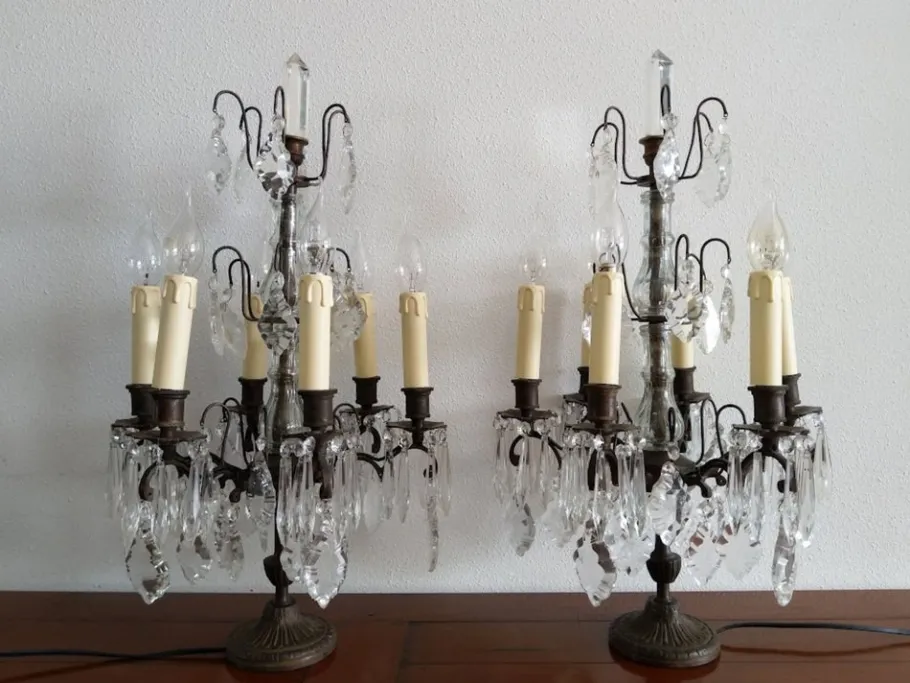 Best Pamono Large Antique Girandole Table Lamps with Crystals, France, Set of 2