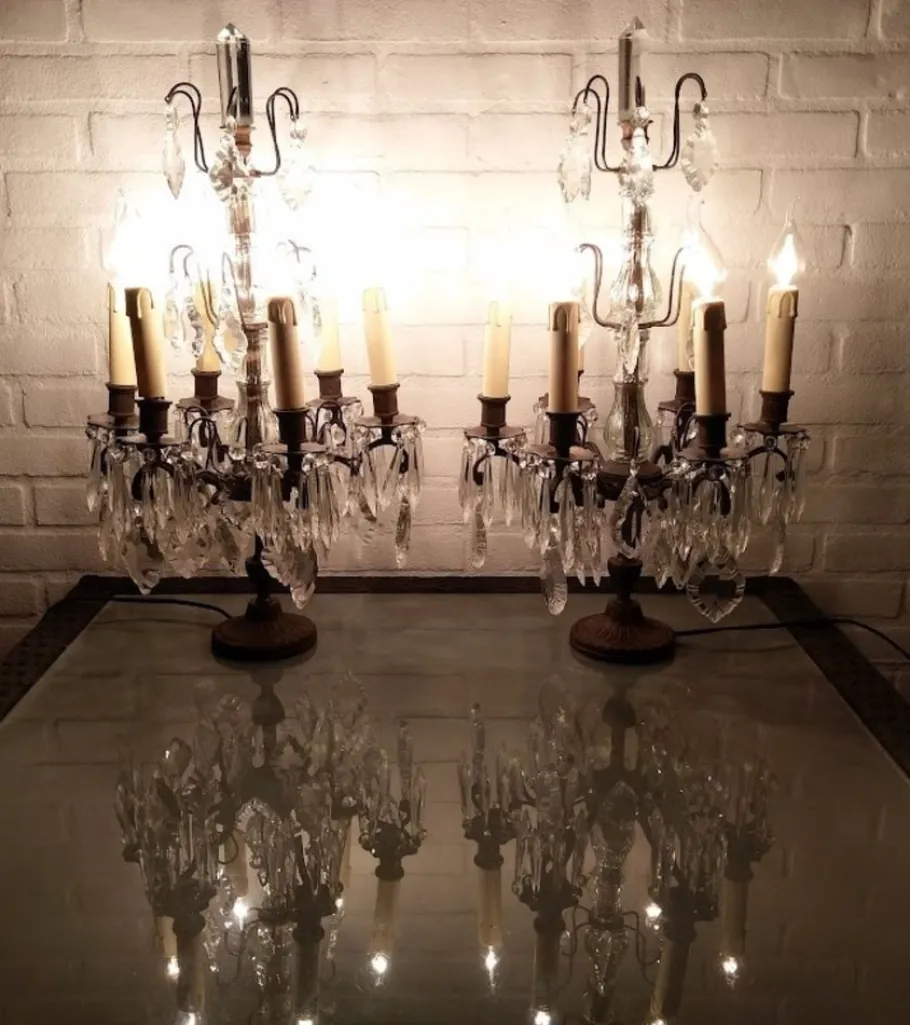 Best Pamono Large Antique Girandole Table Lamps with Crystals, France, Set of 2