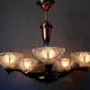 New Pamono Large Art Deco Chandelier in Gilded Metal and Sandblasted Glass Ezan, France, 1930s