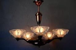 New Pamono Large Art Deco Chandelier in Gilded Metal and Sandblasted Glass Ezan, France, 1930s
