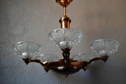 New Pamono Large Art Deco Chandelier in Gilded Metal and Sandblasted Glass Ezan, France, 1930s