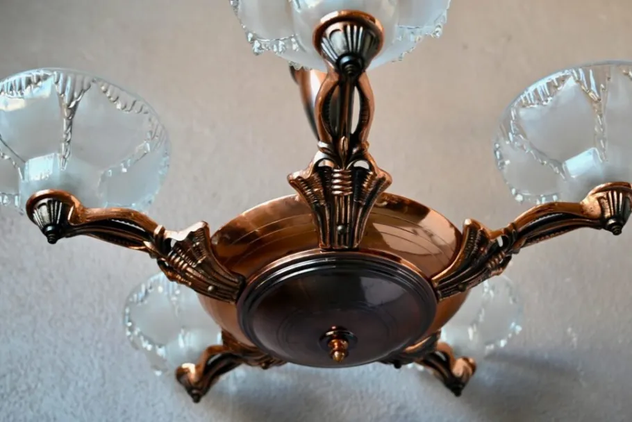 New Pamono Large Art Deco Chandelier in Gilded Metal and Sandblasted Glass Ezan, France, 1930s