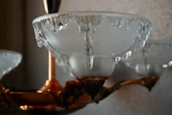 New Pamono Large Art Deco Chandelier in Gilded Metal and Sandblasted Glass Ezan, France, 1930s