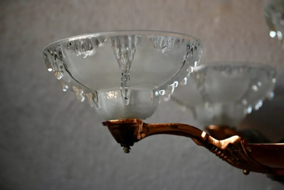 New Pamono Large Art Deco Chandelier in Gilded Metal and Sandblasted Glass Ezan, France, 1930s