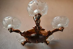 New Pamono Large Art Deco Chandelier in Gilded Metal and Sandblasted Glass Ezan, France, 1930s
