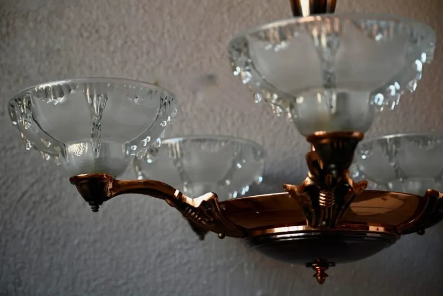 New Pamono Large Art Deco Chandelier in Gilded Metal and Sandblasted Glass Ezan, France, 1930s