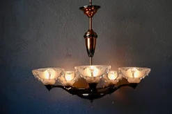 New Pamono Large Art Deco Chandelier in Gilded Metal and Sandblasted Glass Ezan, France, 1930s