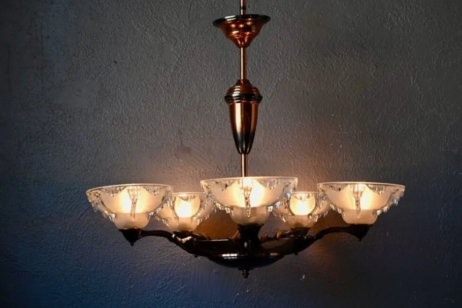 New Pamono Large Art Deco Chandelier in Gilded Metal and Sandblasted Glass Ezan, France, 1930s