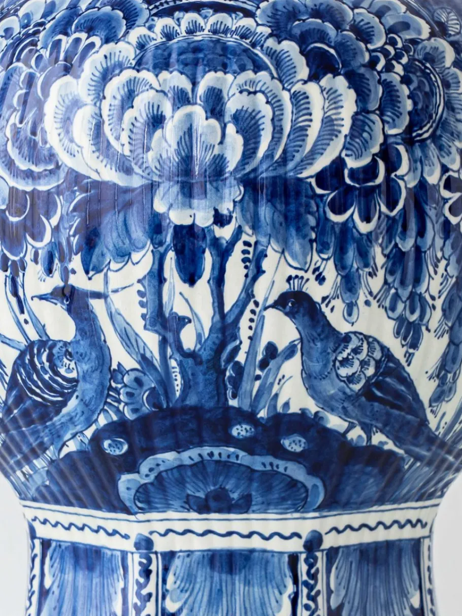 Sale Pamono Large Blue and White Hand-Painted Table Lamp with New Terracotta Silk Lampshade from Royal Delft, 1948