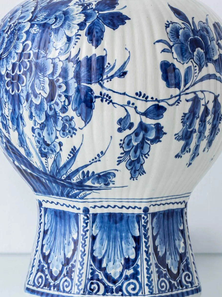 Sale Pamono Large Blue and White Hand-Painted Table Lamp with New Terracotta Silk Lampshade from Royal Delft, 1948