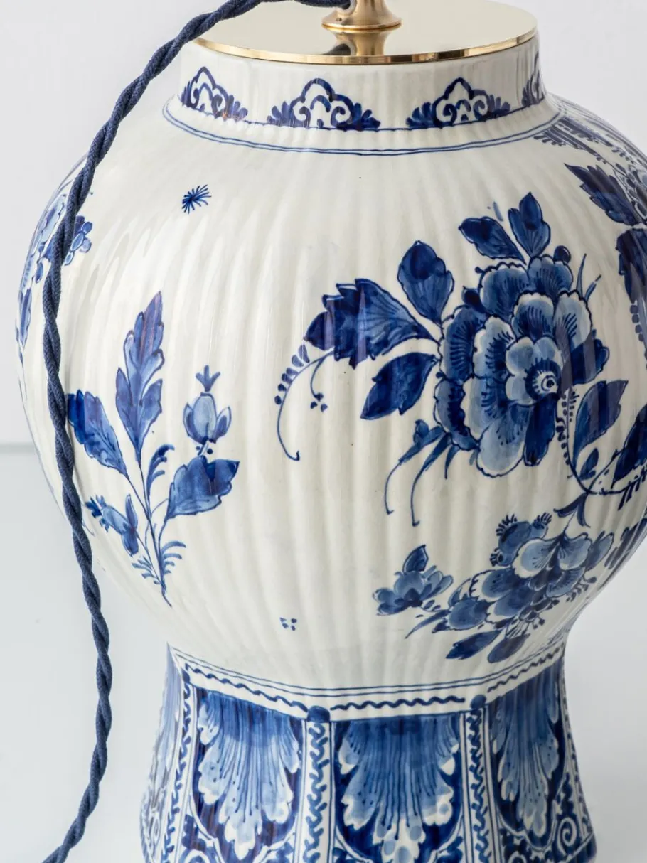 Sale Pamono Large Blue and White Hand-Painted Table Lamp with New Terracotta Silk Lampshade from Royal Delft, 1948