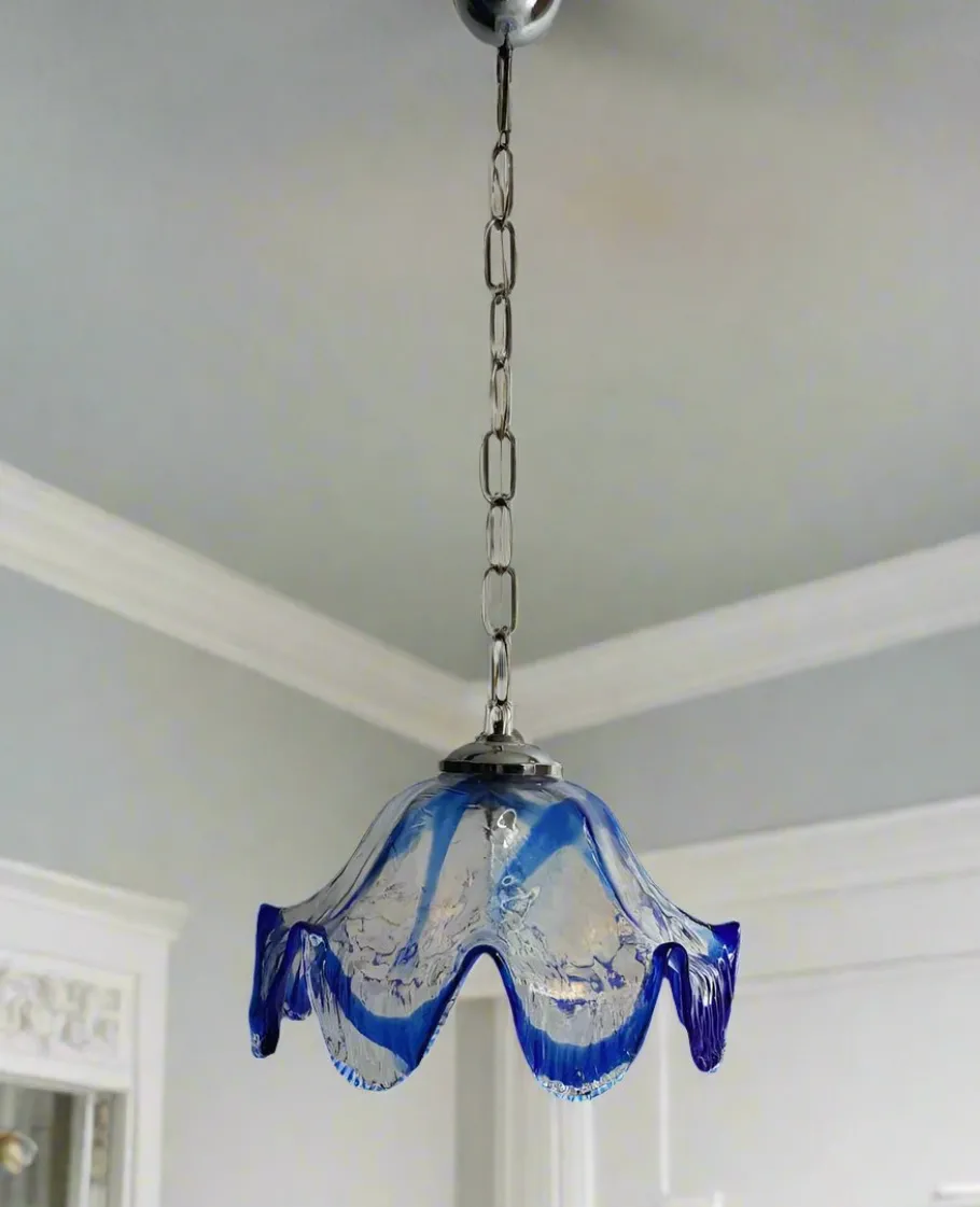 New Pamono Large Blue Murano Glass Pendant Lamp attributed to Mazzega, 1970s