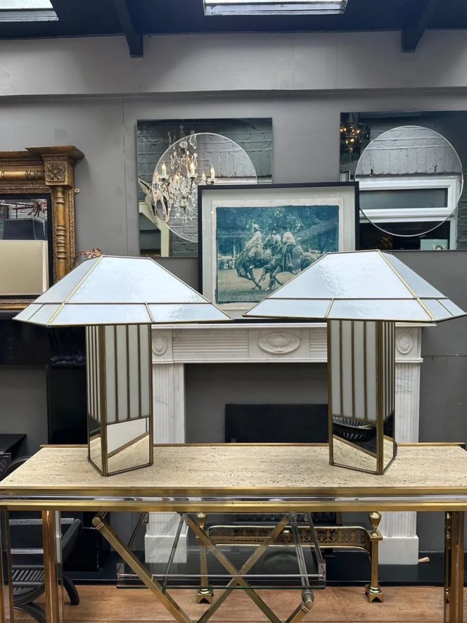 Outlet Pamono Large Brass and Opaque Glass Table Lamps in the style of Tiffany, 1970s, Set of 2