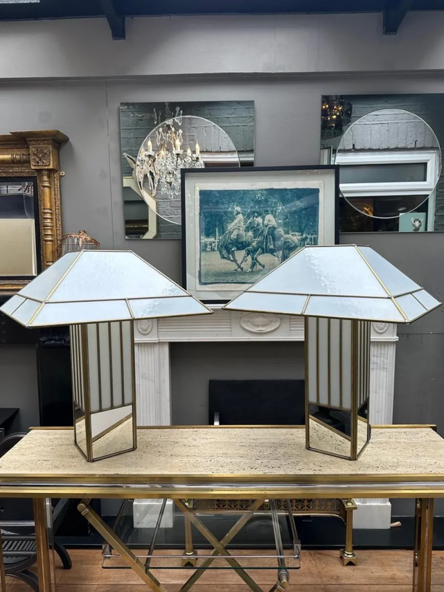 Outlet Pamono Large Brass and Opaque Glass Table Lamps in the style of Tiffany, 1970s, Set of 2