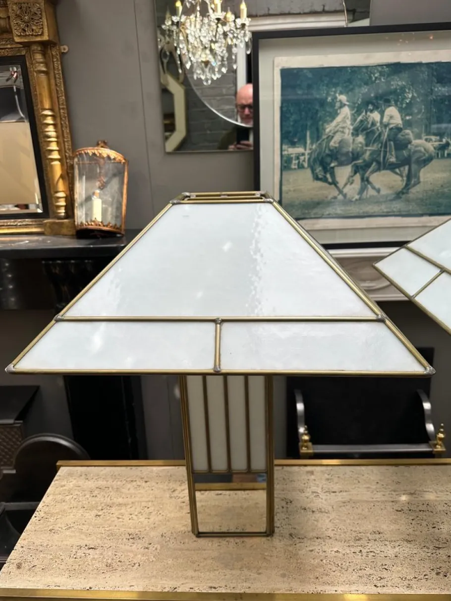 Outlet Pamono Large Brass and Opaque Glass Table Lamps in the style of Tiffany, 1970s, Set of 2