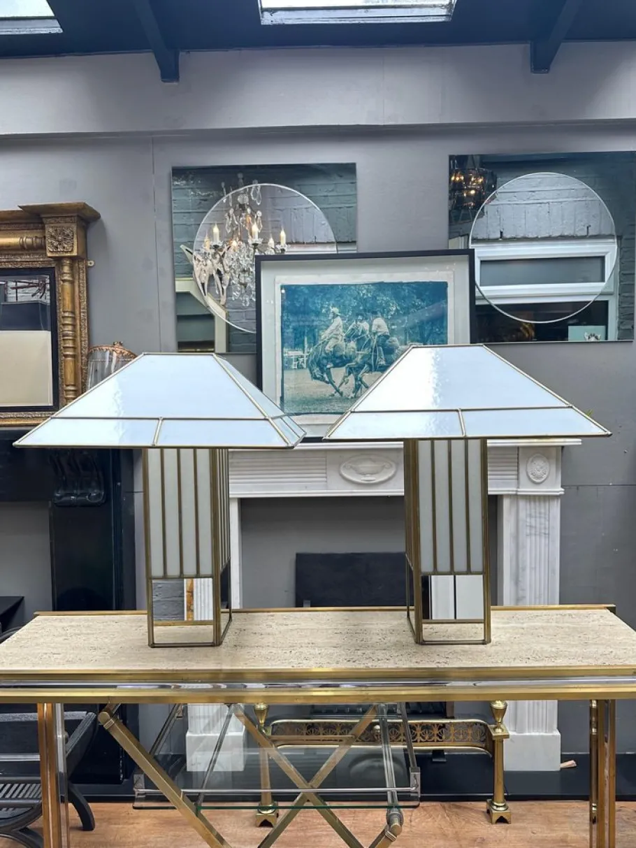 Outlet Pamono Large Brass and Opaque Glass Table Lamps in the style of Tiffany, 1970s, Set of 2