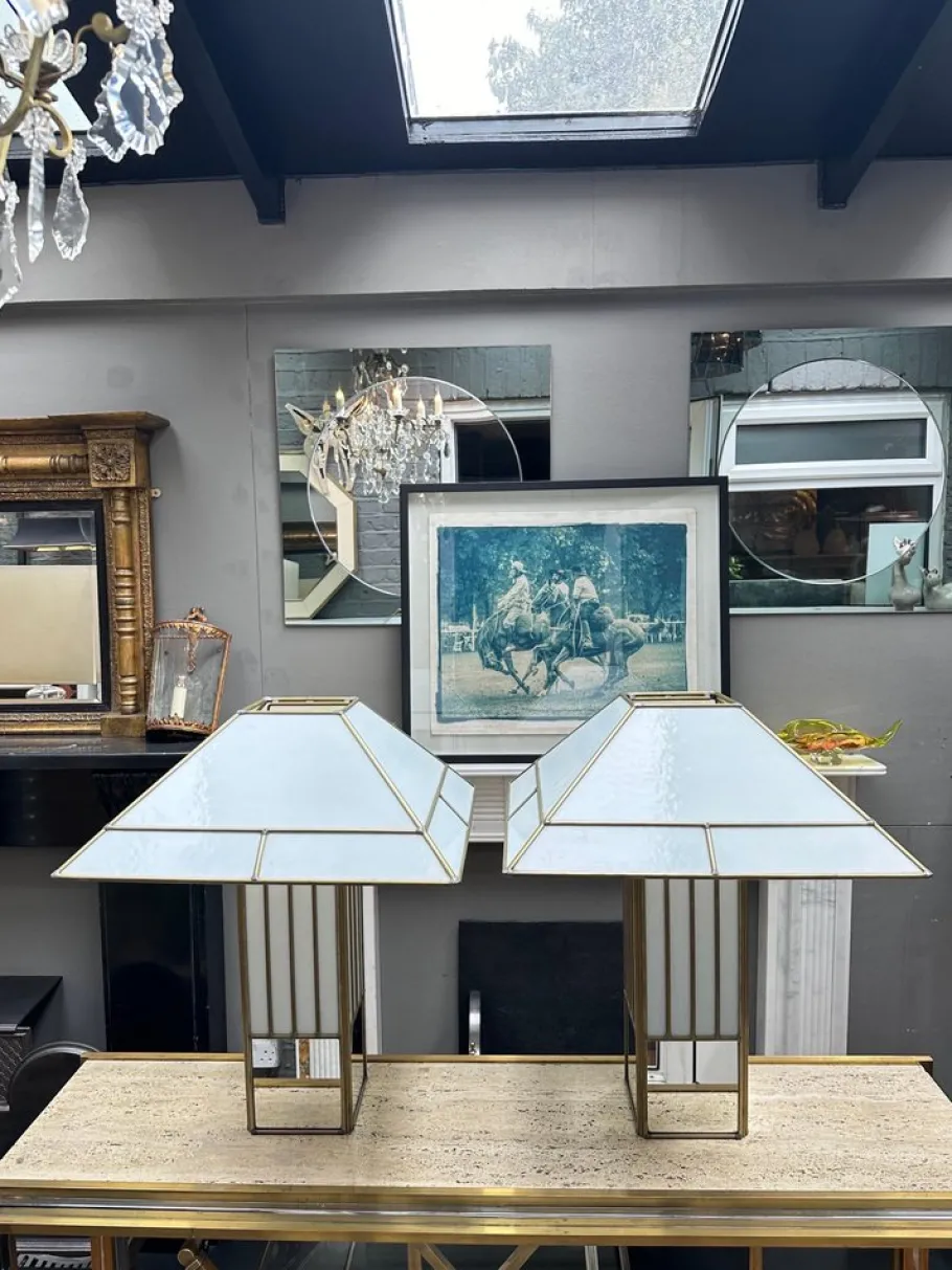 Outlet Pamono Large Brass and Opaque Glass Table Lamps in the style of Tiffany, 1970s, Set of 2