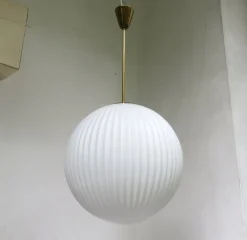 New Pamono Large Brass Ceiling Lamp with Pleated Ball, 1950s