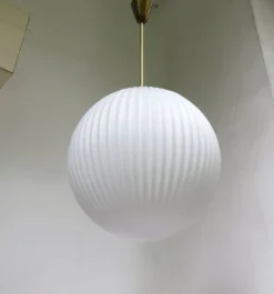 New Pamono Large Brass Ceiling Lamp with Pleated Ball, 1950s