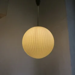 New Pamono Large Brass Ceiling Lamp with Pleated Ball, 1950s