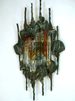 Clearance Pamono Large Brutalist Iron & Ice Murano Glass Sconce / Wall Lamp, 1960s