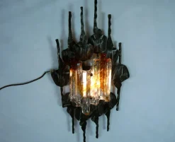 Clearance Pamono Large Brutalist Iron & Ice Murano Glass Sconce / Wall Lamp, 1960s