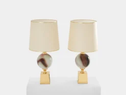 New Pamono Large Ceramic and Brass Table Lamps by Philippe Barbier, 1970s, Set of 2