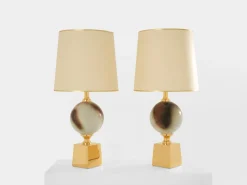 New Pamono Large Ceramic and Brass Table Lamps by Philippe Barbier, 1970s, Set of 2