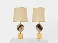 New Pamono Large Ceramic and Brass Table Lamps by Philippe Barbier, 1970s, Set of 2