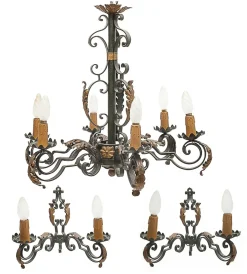 Clearance Pamono Large Chandelier and Sconces attributed to Gilbert Poillerat, 1950s, Set of 3