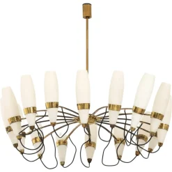 Clearance Pamono Large Chandelier in Opaline Glass and Brass from Stilnovo, 1950s