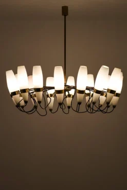 Clearance Pamono Large Chandelier in Opaline Glass and Brass from Stilnovo, 1950s