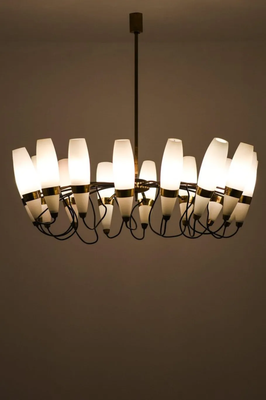 Clearance Pamono Large Chandelier in Opaline Glass and Brass from Stilnovo, 1950s