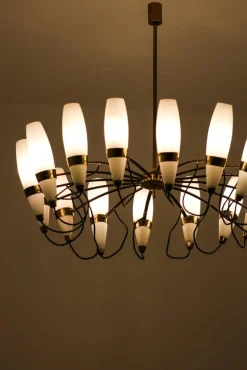 Clearance Pamono Large Chandelier in Opaline Glass and Brass from Stilnovo, 1950s