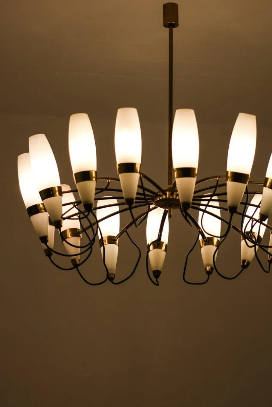 Clearance Pamono Large Chandelier in Opaline Glass and Brass from Stilnovo, 1950s