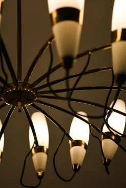 Clearance Pamono Large Chandelier in Opaline Glass and Brass from Stilnovo, 1950s