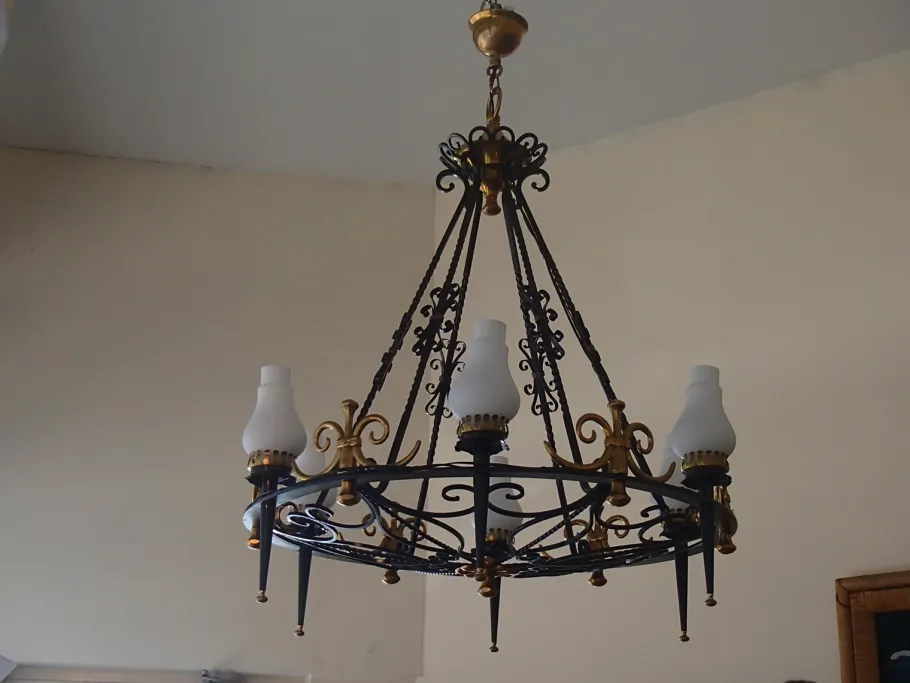 New Pamono Large Chandelier in Wrought Iron, 1940s