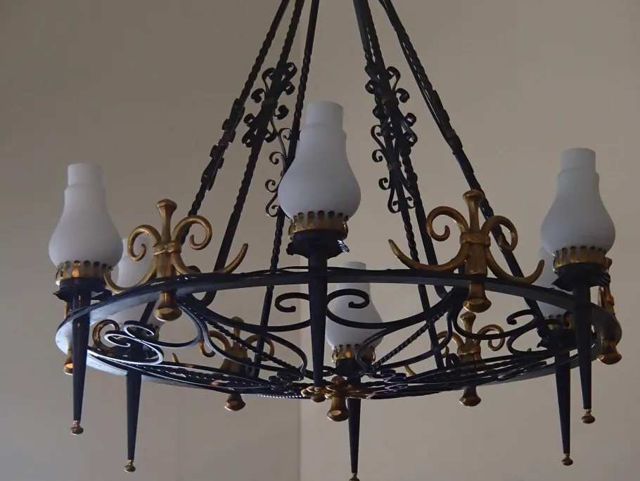 New Pamono Large Chandelier in Wrought Iron, 1940s
