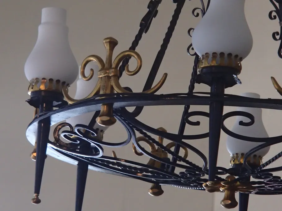 New Pamono Large Chandelier in Wrought Iron, 1940s