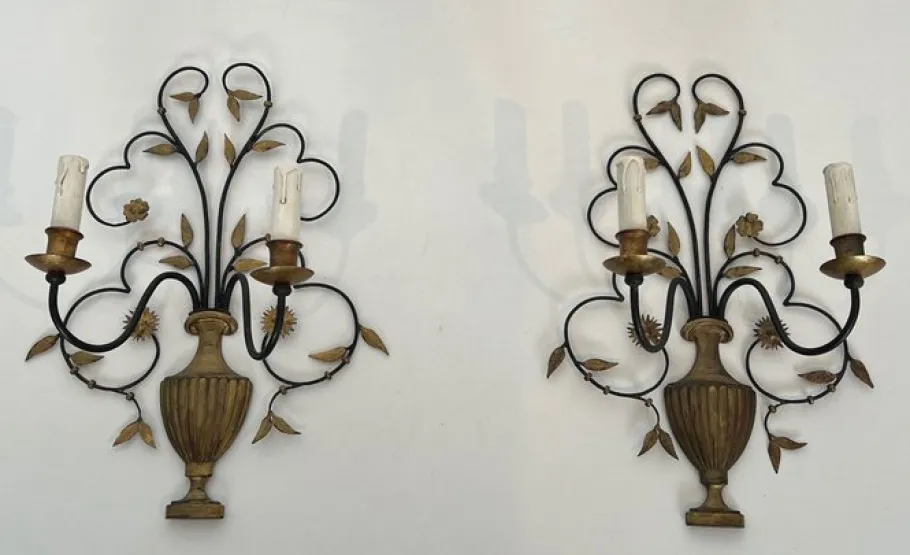New Pamono Large Decorative Wall Lights in Wrought and Gilded Iron Representing a Bouquet of Flowers, Set of 2