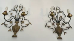 New Pamono Large Decorative Wall Lights in Wrought and Gilded Iron Representing a Bouquet of Flowers, Set of 2