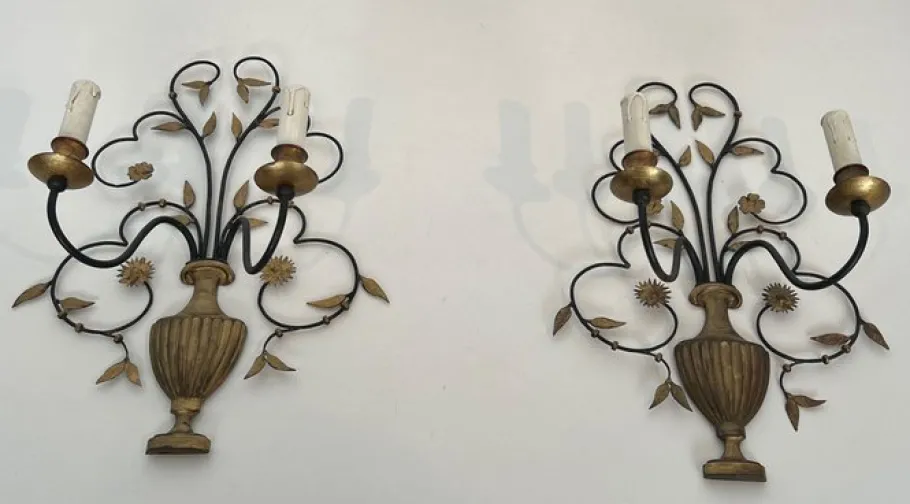 New Pamono Large Decorative Wall Lights in Wrought and Gilded Iron Representing a Bouquet of Flowers, Set of 2